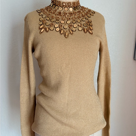Vtg Once Again Womens M Gold Sequin Beaded Ribbed Knit Long Sleeve Sparkle Top - Picture 2 of 12
